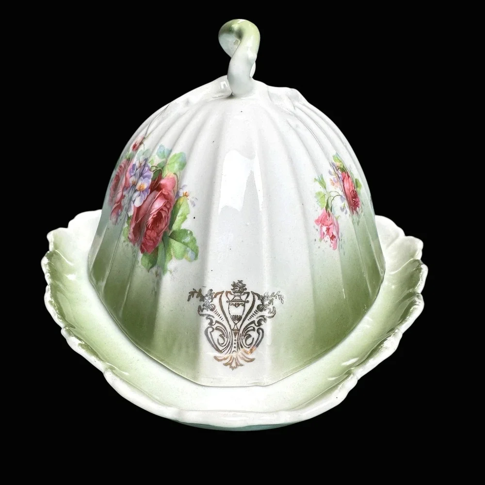 Antique Victorian Porcelain Cheese Butter Dome Rose Floral Green‎ Gold Crest 2pc